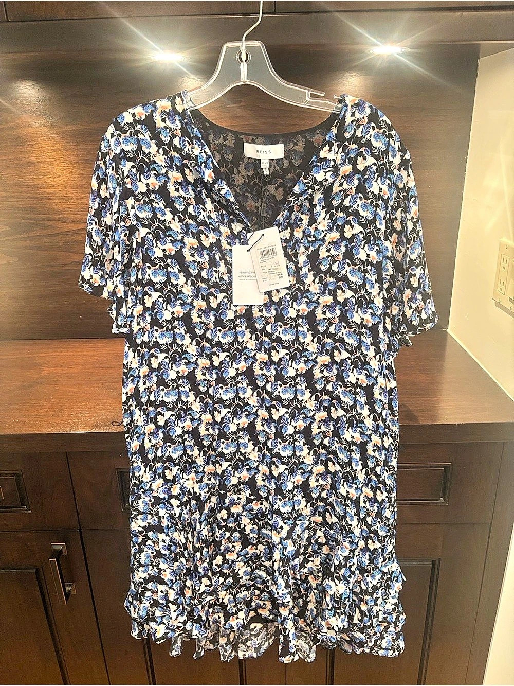 Reiss Lulu Blue Ditsy Flippy Dress Floral Mini Blue & Black Size 10